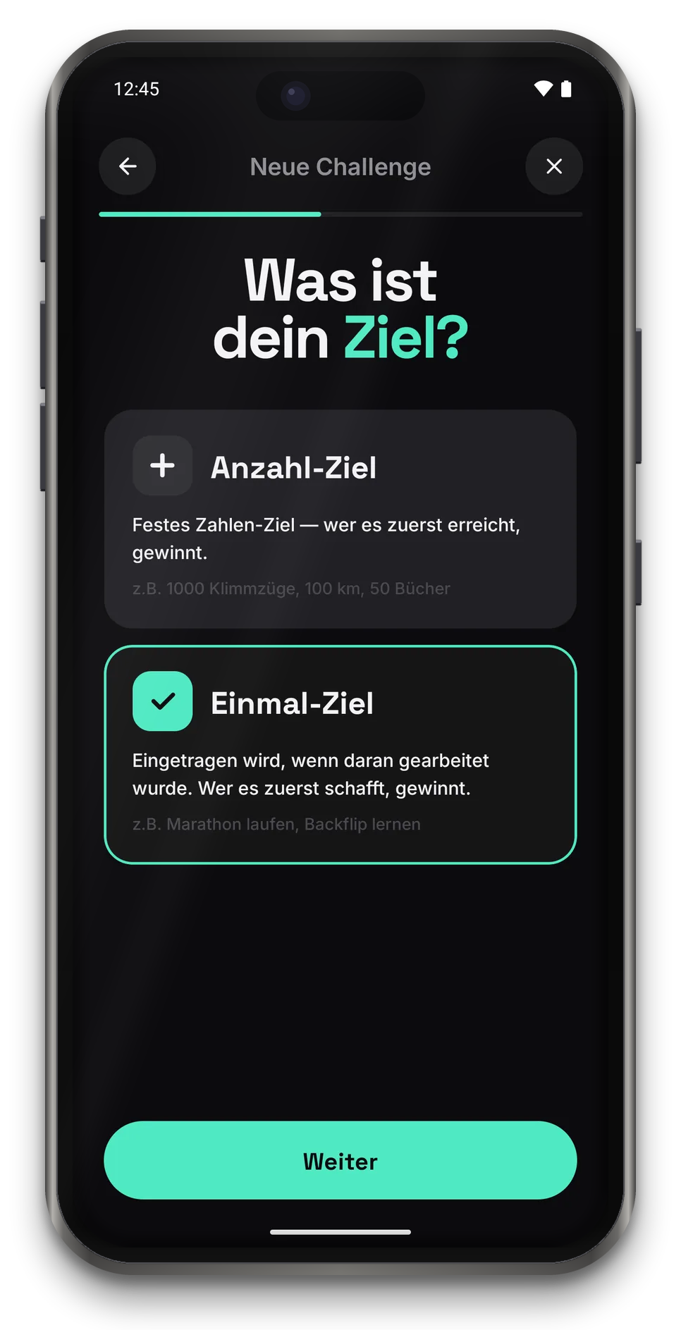 App-Screen: Was ist dein Ziel? Anzahl-Ziel oder Einmal-Ziel