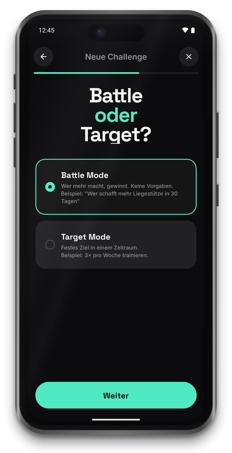App-Screen: Battle oder Target? Battle Mode oder Target Mode