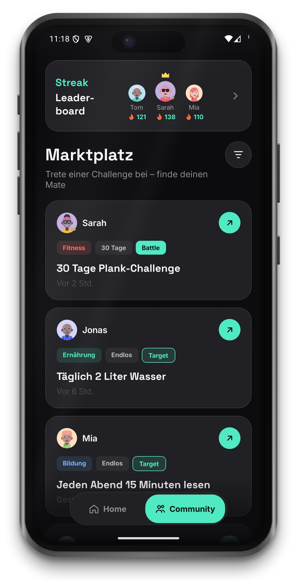 App-Screen: Marktplatz mit offenen Challenges anderer Nutzer, je mit Kategorie, Dauer und Modus